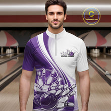 Load image into Gallery viewer, Male model in a bowling lane wearing a white and purple quarter zip shirt with a curved bowling strike graphic and pins being knocked down.
