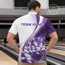 Load image into Gallery viewer, Male model in a bowling venue wearing a white and purple quarter zip shirt, featuring a dynamic sweeping curve illustration of a bowling ball striking pins.