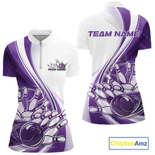 Load image into Gallery viewer, Women s white and purple bowling quarter zip mockup shown from front and back with dynamic sweeping curves and bowling ball crashing into pins artwork.