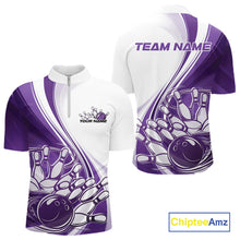 Load image into Gallery viewer, Front and back view of a mens bowling quarter zip shirt mockup in white and purple, showing a dynamic sweeping curve design with bowling ball action.