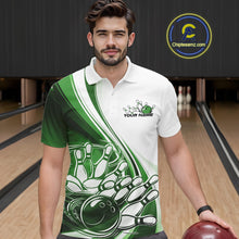 Load image into Gallery viewer, Male model in a bowling lane wearing a white and green polo shirt with dynamic curved bowling ball hitting pins illustration.