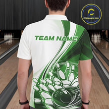 Load image into Gallery viewer, Back view of a male model in a bowling venue wearing a white and green polo shirt, showcasing sweeping motion bowling strike artwork.