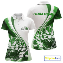 Load image into Gallery viewer, Front and back view of a womens bowling polo shirt mockup in white and green, featuring a sweeping curve design with a bowling ball striking pins.