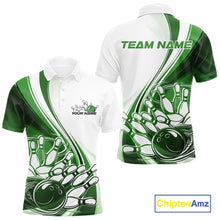 Load image into Gallery viewer, Front and back view of a mens bowling polo shirt mockup in white and green, featuring a sweeping curve bowling strike graphic.
