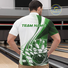 Load image into Gallery viewer, Male model at a bowling lane wearing a white and green quarter zip shirt, featuring a sweeping curve bowling strike illustration with pins being knocked down.