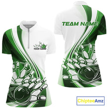Load image into Gallery viewer, Front and back view of a women s white and green bowling quarter zip mockup featuring dynamic sweeping curves and bowling ball crashing into pins artwork.