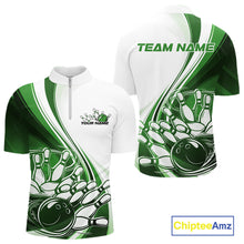 Load image into Gallery viewer, Front and back view of a mens bowling quarter zip shirt mockup in white and green, showcasing a sweeping curve design with a bowling ball striking pins.