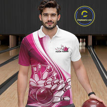 Load image into Gallery viewer, Male model in a bowling lane wearing a white and pink polo shirt, featuring a dynamic sweeping curve with a bowling ball crashing into pins.