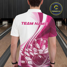 Load image into Gallery viewer, Back view of a male model in a bowling alley wearing a white and pink polo shirt, showcasing a sweeping curve bowling strike graphic with pins being knocked down.