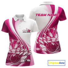 Load image into Gallery viewer, Front and back view of a womens bowling polo shirt mockup in white and pink, featuring a dynamic sweeping curve with a bowling ball crashing into pins.
