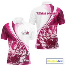 Load image into Gallery viewer, Front and back view of a mens bowling polo shirt mockup in white and pink, featuring a dynamic sweeping curve with a bowling ball crashing into pins.
