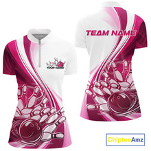 Load image into Gallery viewer, Front and back view of a women s white and pink bowling quarter zip featuring dynamic sweeping curves and a bowling ball crashing into pins artwork.