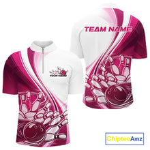 Load image into Gallery viewer, Front and back view of a mens bowling quarter zip shirt mockup in white and pink, featuring a dynamic curved bowling ball crashing into pins design.
