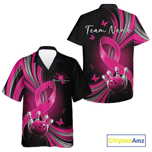Front and back button-up bowling shirt mockup in black and pink with breast cancer awareness ribbons, small butterflies, and bowling graphics