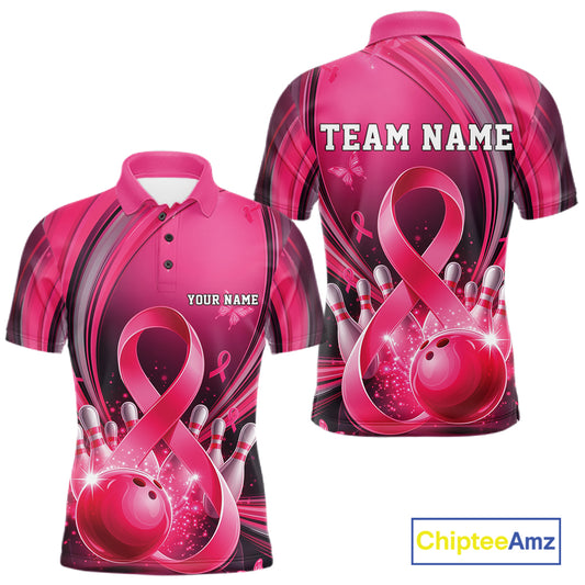 Front and back mockup of a men's pink and black bowling polo featuring breast cancer awareness ribbons and bowling graphics