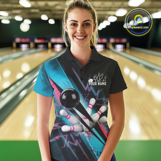 Custom Blue And Pink Synthwave Style Bowling Women Polo Shirt, Team Bowling League Shirt IPHW9514
