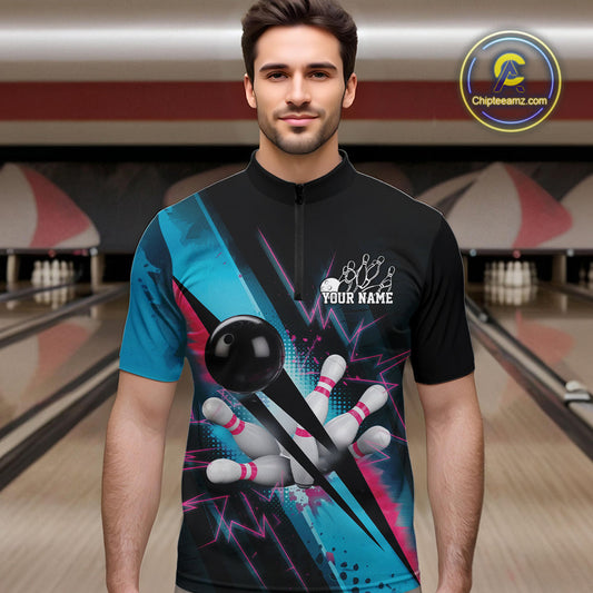 Custom Blue And Pink Synthwave Style Bowling Men Quarter-Zip Shirt, Team Bowling League Shirt IPHW9514