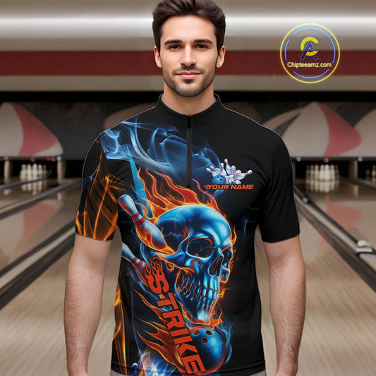 Custom Blue And Orange Fire Flame Strike Skull Bowling Men Quarter-Zip Shirt, Halloween Outfit IPHW9890