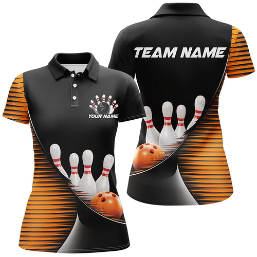 Black And Orange Custom Bowling Team Shirts For Women, Bowling League Shirt Bowler Outfit IPHW7983