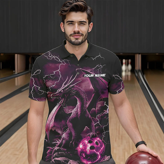 Black And Pink Thunder Lightning Custom Dragon Bowling Team Shirts For Men, Bowling Uniform IPHW8633