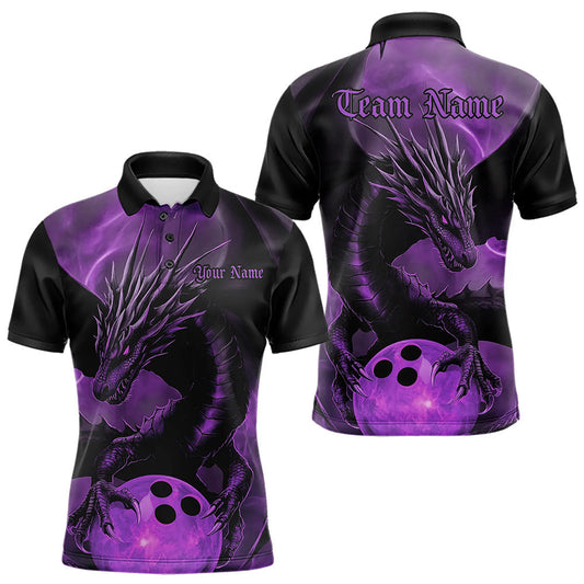 Black And Purple Custom Dragon Bowling Polo Shirts For Men, Dragon Bowling League Shirt IPHW8643