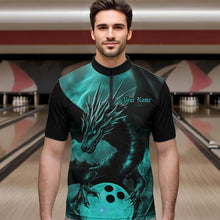 Load image into Gallery viewer, Black And Turquoise Blue Custom Dragon Bowling Quarter-Zip Shirts For Men, Bowling League Shirt IPHW8645