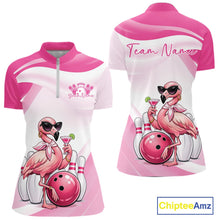 Load image into Gallery viewer, Front and back view of a pink women’s bowling quarter-zip shirt showcasing a stylish flamingo holding a cocktail beside a bowling ball.