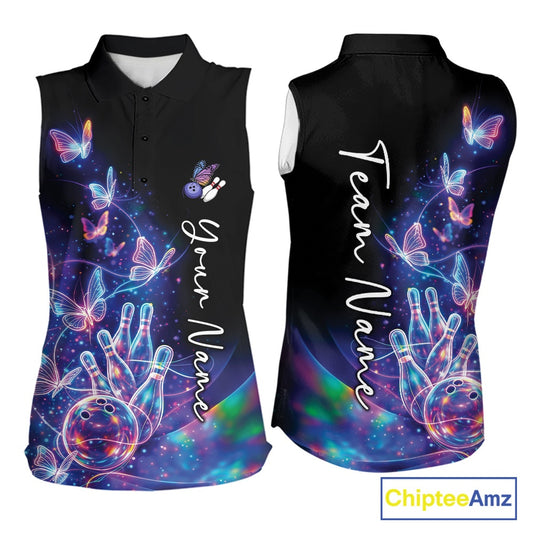 Front and back mockup of a womens black sleeveless bowling shirt with a starry galaxy background, glowing neon swirls, and hologram butterfly artwork