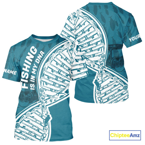 Aqua Blue Fishing Is In My DNA Custom Fishing T-Shirts, Fishing Tools DNA IPHW9173