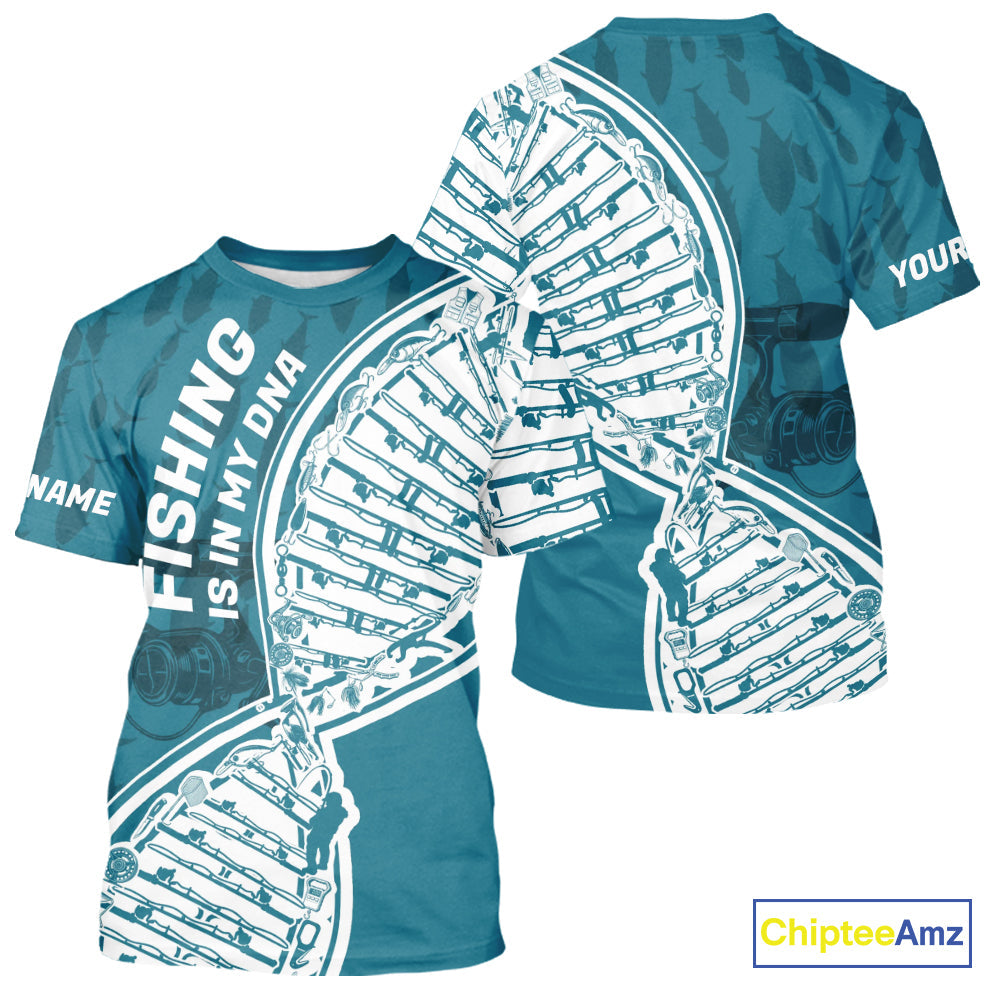 Aqua Blue Fishing Is In My DNA Custom Fishing T-Shirts, Fishing Tools DNA IPHW9173
