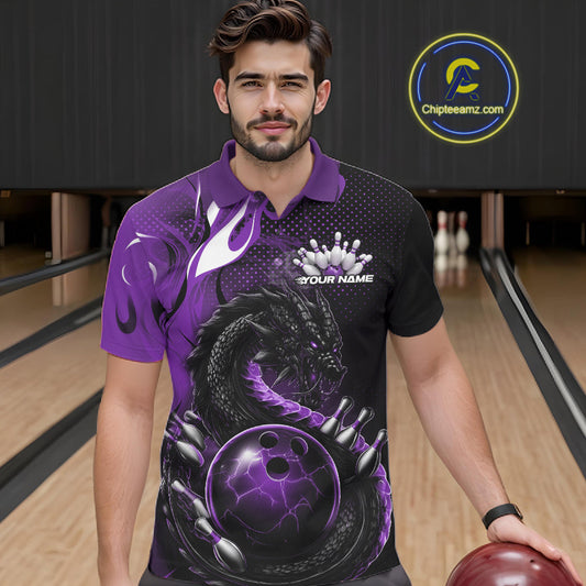 Custom Black And Purple Dragon Bowling Jerseys, Dragon Bowling Team Men Polo Shirt IPHW10269