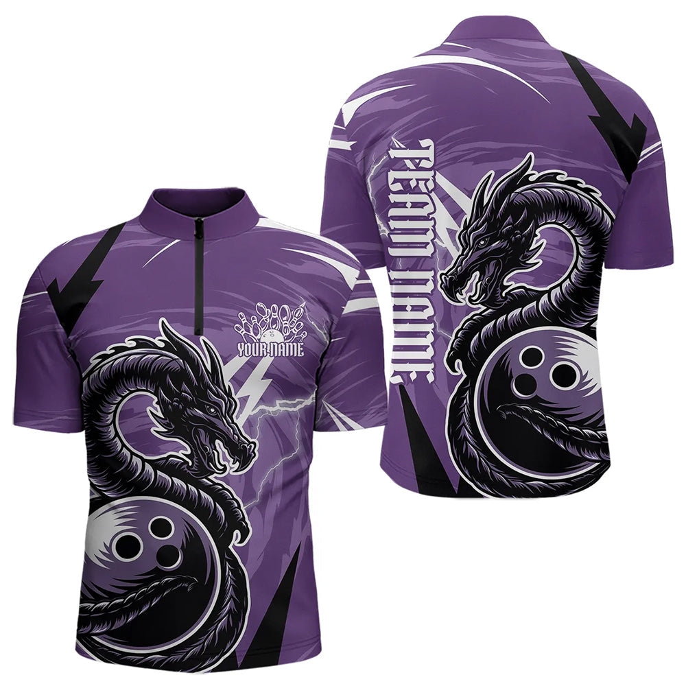 Custom Black And Purple Thunder Lightning Dragon Bowling Jerseys Bowling Quarter-Zip Shirts For Men IPHW8659