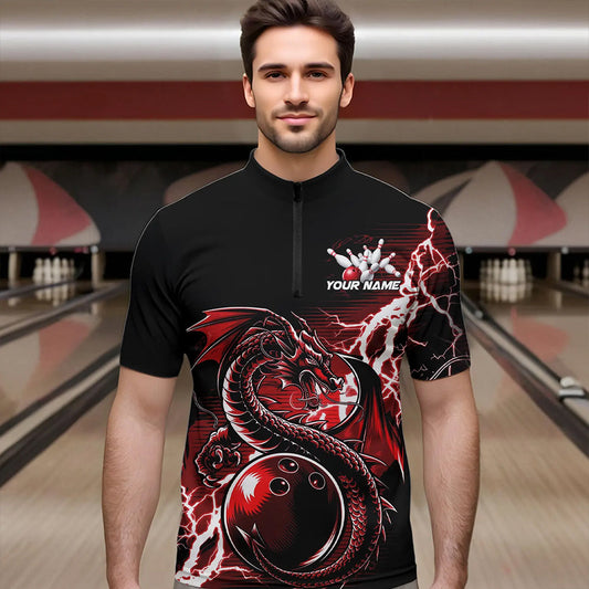 Custom Black And Red Thunder Lightning Dragon Bowling Quarter-Zip Shirts For Men, Bowlers Outfits IPHW8662