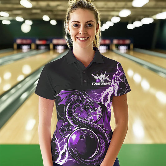 Custom Black And Purple Thunder Lightning Dragon Bowling  Womens Polo Shirt, Bowlers Outfit IPHW8664