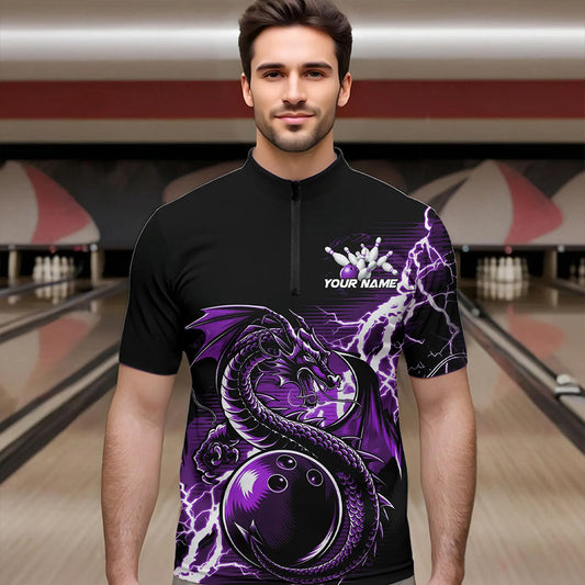 Custom Black And Purple Thunder Lightning Dragon Bowling  Quarter-Zip Shirts For Men, Bowlers Outfit IPHW8664
