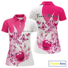 Load image into Gallery viewer, Front and back view of a women s white and pink bowling polo shirt mockup featuring butterfly artwork and bowling-themed graphics.