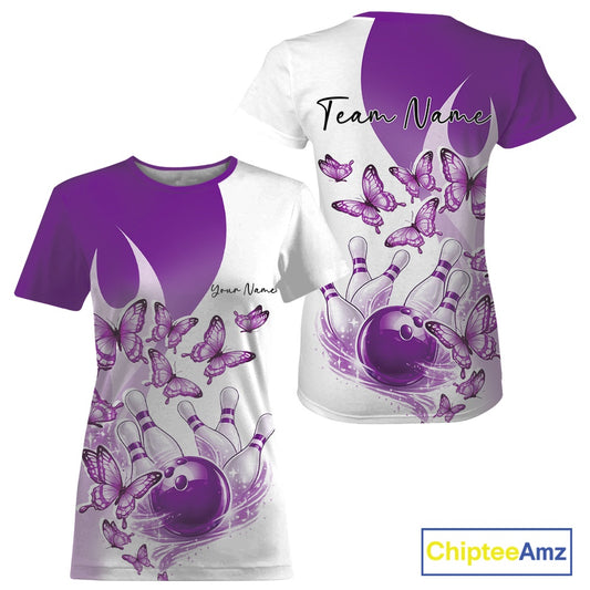 Front and back mockup of a womens white and purple crewneck bowling T-shirt featuring butterfly artwork and bowling-themed graphics