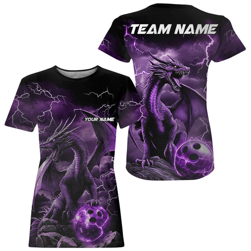 Black And Purple Thunder Lightning Custom Dragon Bowling Women T-Shirts Shirts, Bowling Uniform IPHW7992