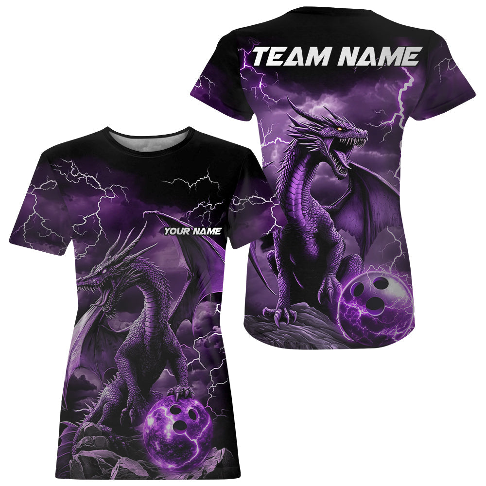 Black And Purple Thunder Lightning Custom Dragon Bowling Women T-Shirts Shirts, Bowling Uniform IPHW7992