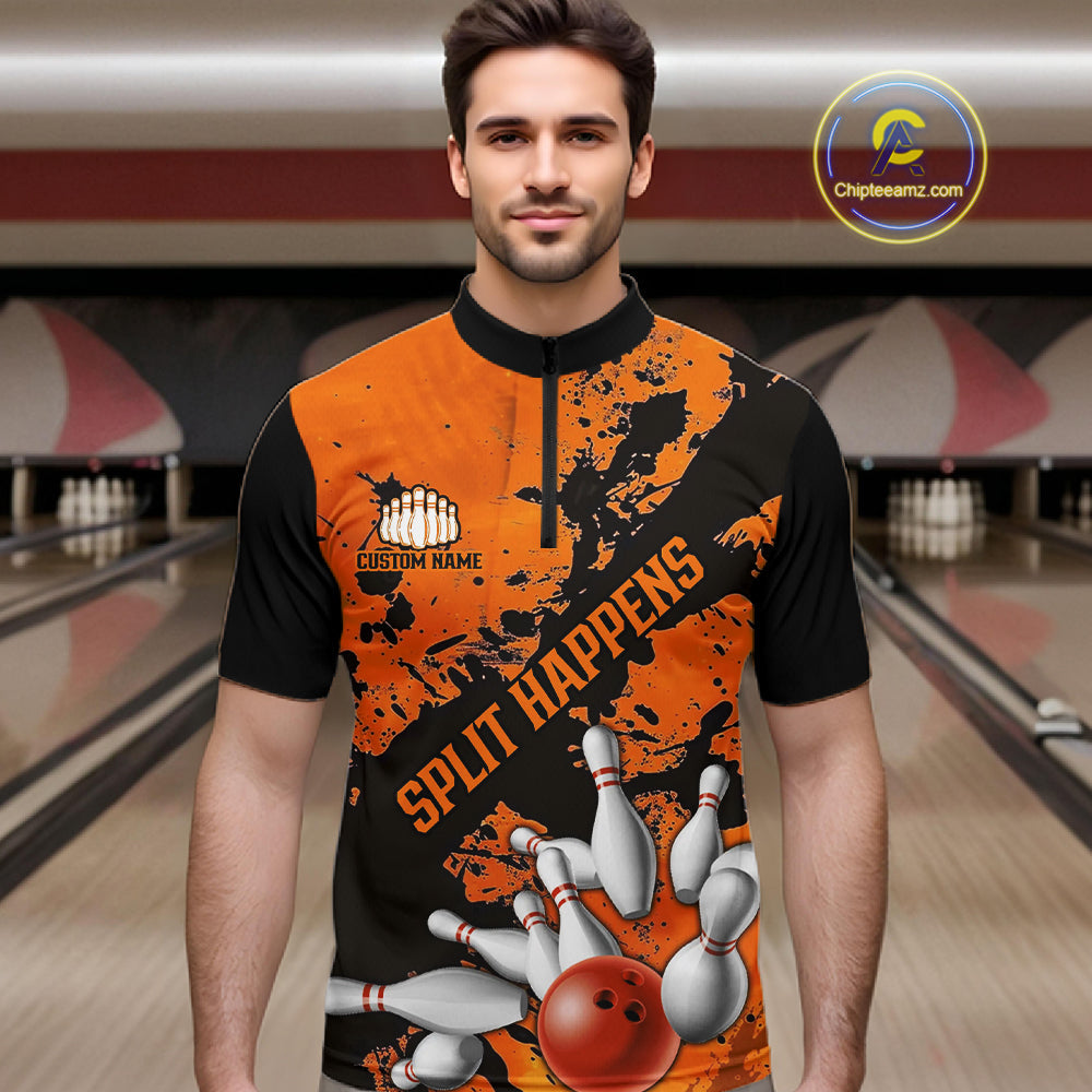 Split Happens Funny Unisex Orange Strike Bowling Shirts For Bowling Team, Bowling Apparel IPHW6171