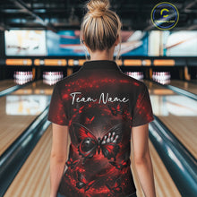Load image into Gallery viewer, Back view of a female model at a bowling lane wearing a bowling polo shirt featuring a red and black butterfly motif with smoky bowling-themed graphics.