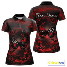 Load image into Gallery viewer, Front and back mockup of a women’s bowling polo shirt featuring a red and black butterfly with a bowling ball body on a smoky backdrop.