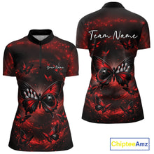 Load image into Gallery viewer, Front and back mockup of a women’s bowling quarter-zip shirt decorated with a red and black butterfly featuring a bowling ball body and smoky backdrop.