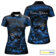 Load image into Gallery viewer, Front and back view of a women’s bowling polo shirt featuring a blue and black butterfly with a bowling ball body and smoky graphics.