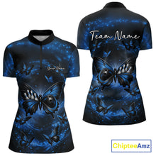 Load image into Gallery viewer, Front and back view of a women’s bowling quarter-zip shirt showcasing a blue and black butterfly with a bowling ball body and smoky accents.