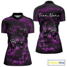 Load image into Gallery viewer, Front and back mockup of a women’s bowling quarter-zip shirt featuring a purple and black butterfly with a bowling ball body on a smoky background.
