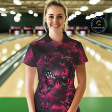 Load image into Gallery viewer, Female model at a bowling lane wearing a bowling polo shirt with a pink and black butterfly artwork incorporating a bowling ball body.