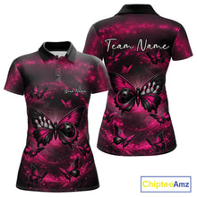 Load image into Gallery viewer, Front and back view of a women’s bowling polo shirt featuring a pink and black butterfly with a bowling ball body on a smoky background.