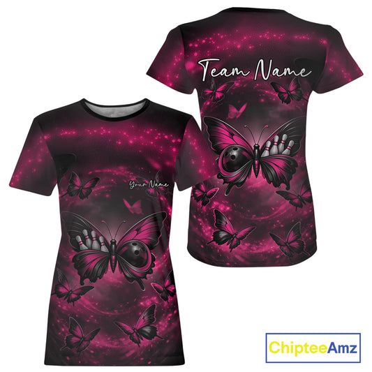 Front and back view of a women’s crewneck bowling T-shirt featuring a pink and black butterfly with a bowling ball body set against a smoky backdrop.