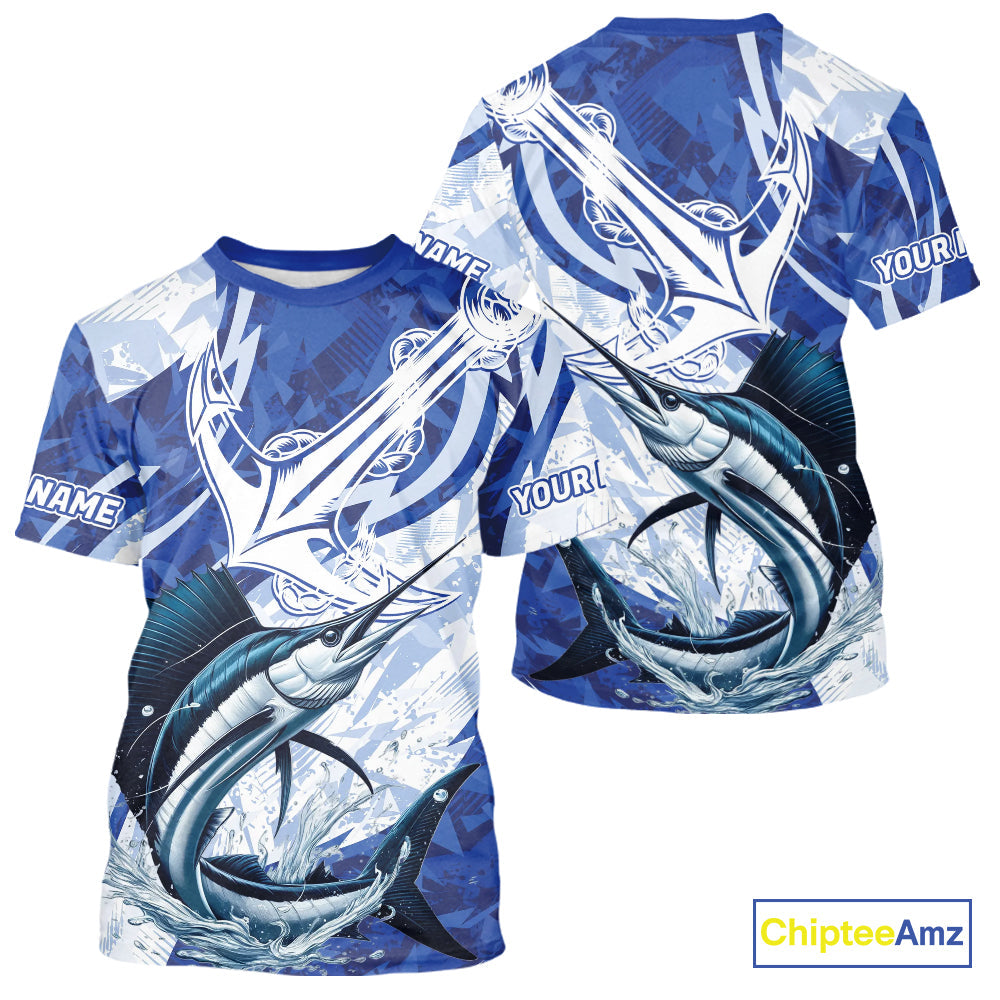 Blue Camo Anchor Custom Sailfish Saltwater Performance Fishing T-Shirts IPHW9181
